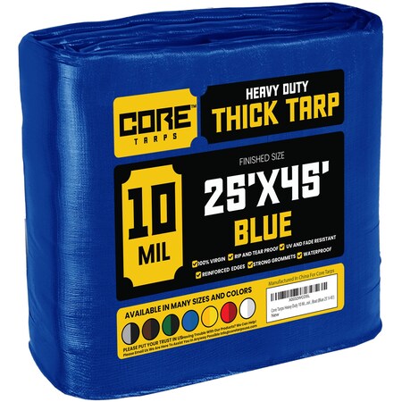 Core Tarps Heavy Duty Tarp, 45 ft x 0.5 mm H x 25 ft W, 10 Mil, Blue, Polyethylene CT-605-25X45